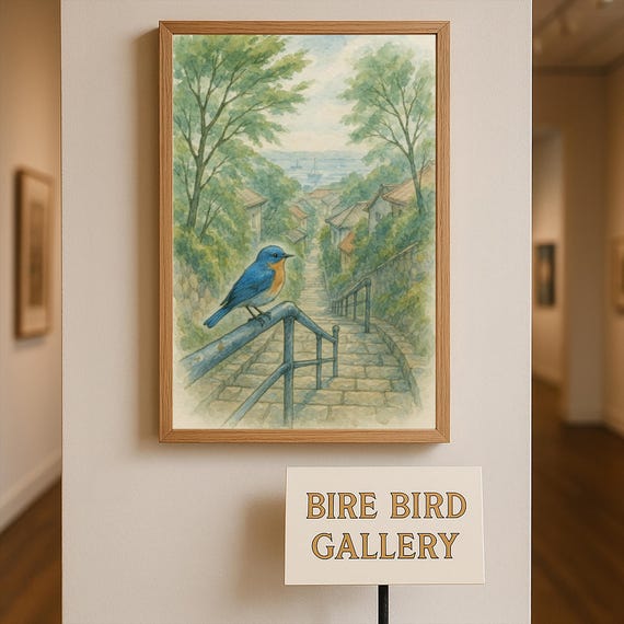 Bluebird Watercolor Wall Art Print Serene Nature Bird Illustration Coastal Village Landscape For Home Decor