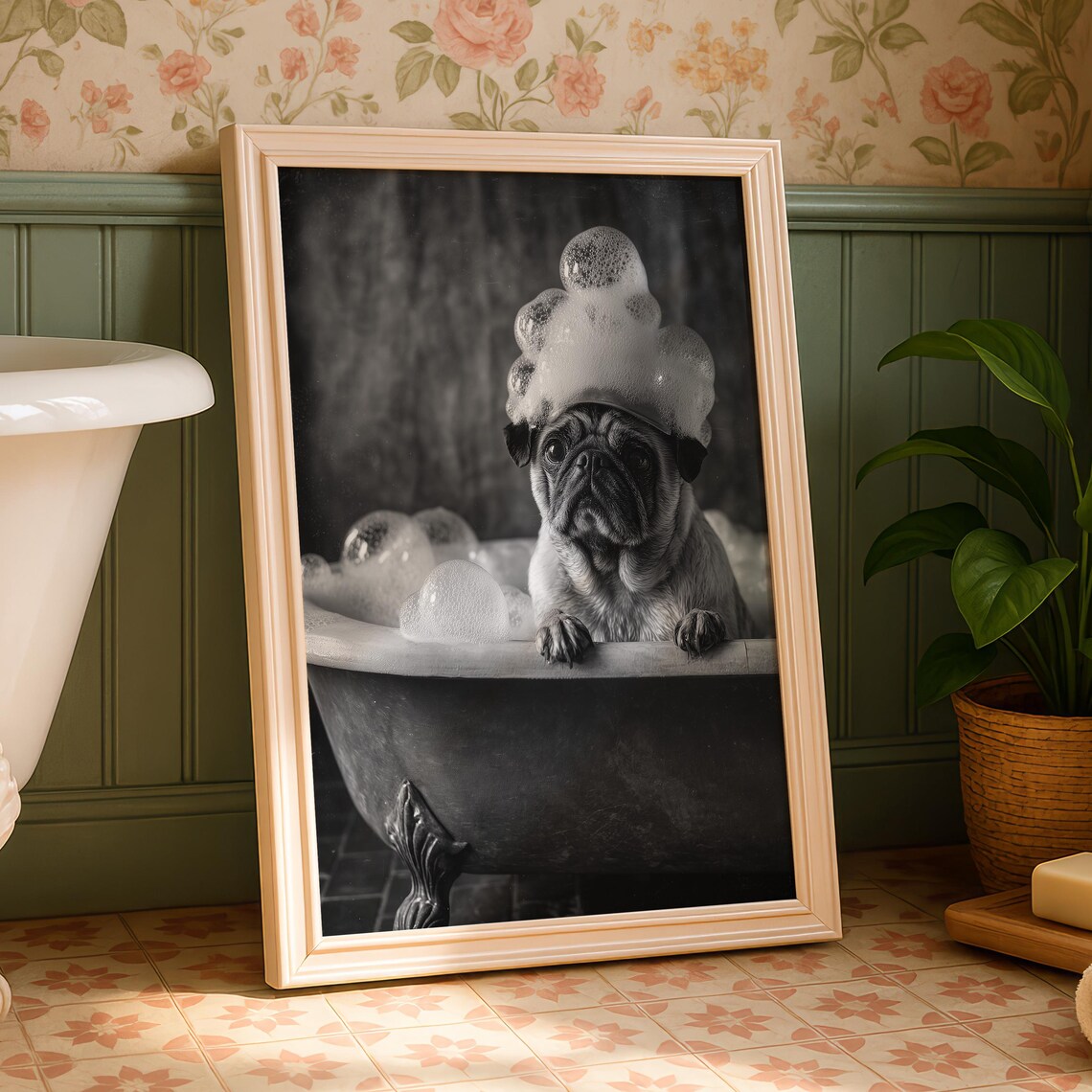 Pug Wearing Foam Hat In Bubble Bath Funny Dog Bathroom Poster