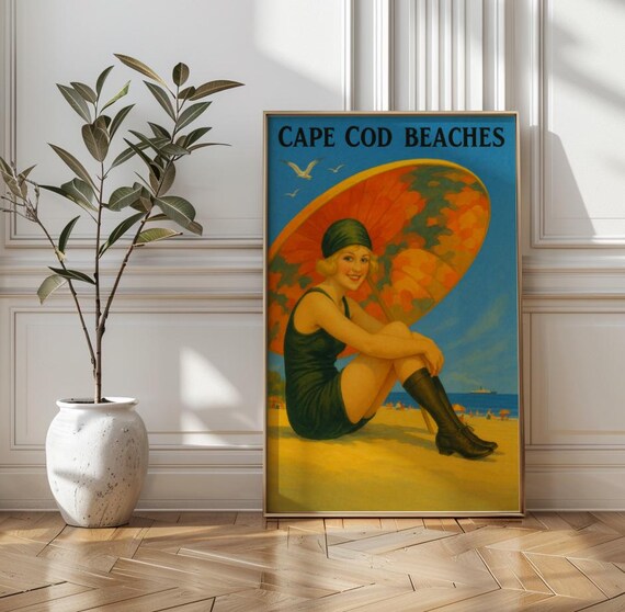 Cape Cod Beaches 1920s Pinup Girl Parasol Vintage Travel Poster