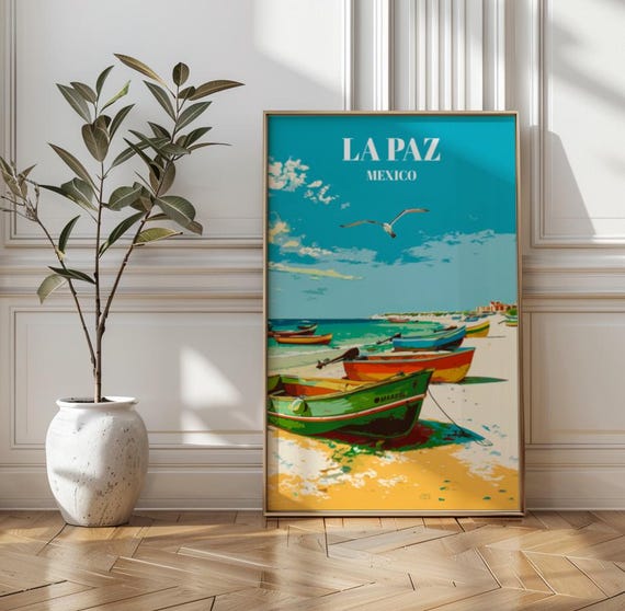 La Paz Mexico Travel Poster Coastal Panga Boats Art Print