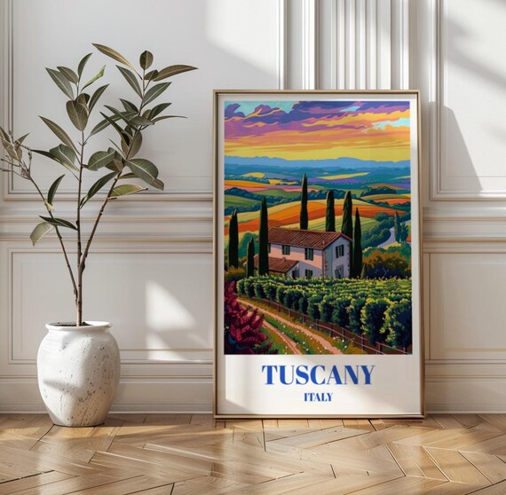 Tuscany Italy Vineyard Farmhouse Cypress Sunset Travel Poster