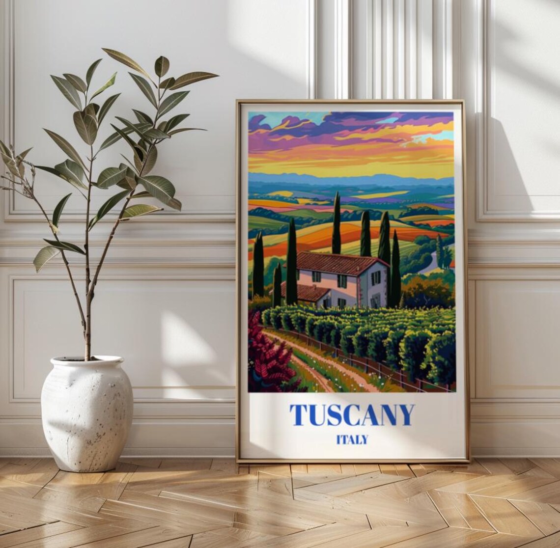 Tuscany Italy Vineyard Farmhouse Cypress Sunset Travel Poster