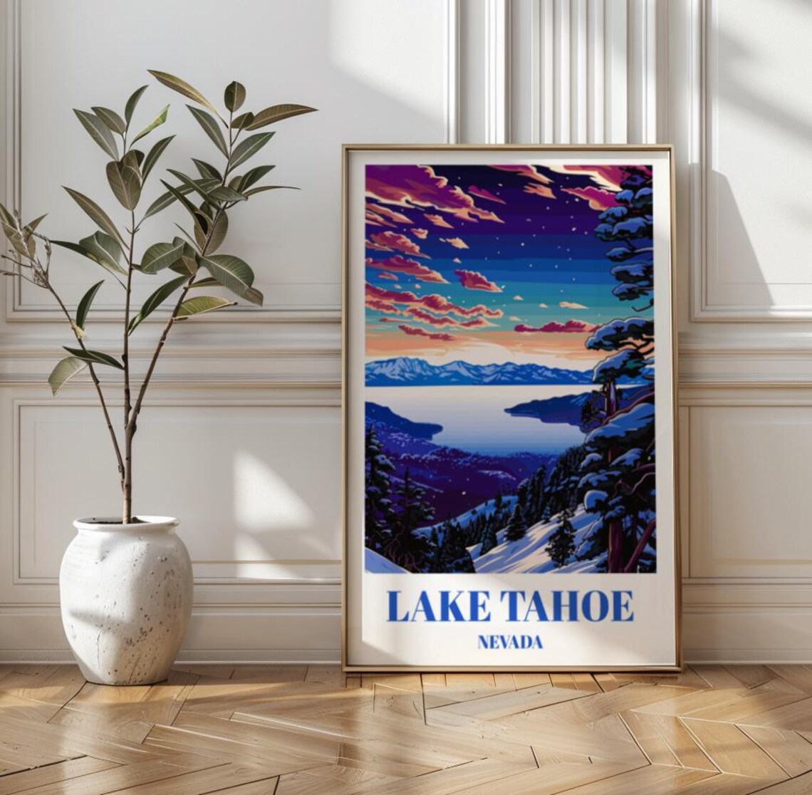 Lake Tahoe Nevada Winter Sunset Mountain Lake Vintage Travel Poster