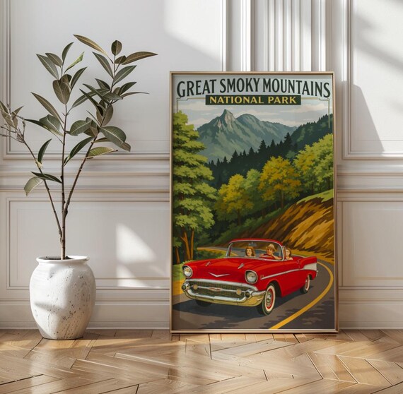 Great Smoky Mountains National Park Vintage Red Car WPA Travel Style Poster