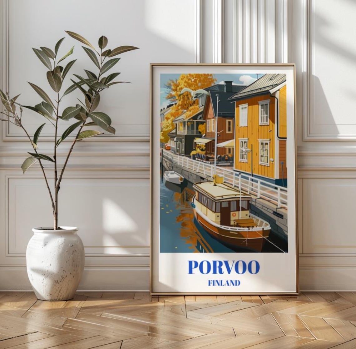 Porvoo Finland Old Town Canal Colorful Houses Boat Travel Poster
