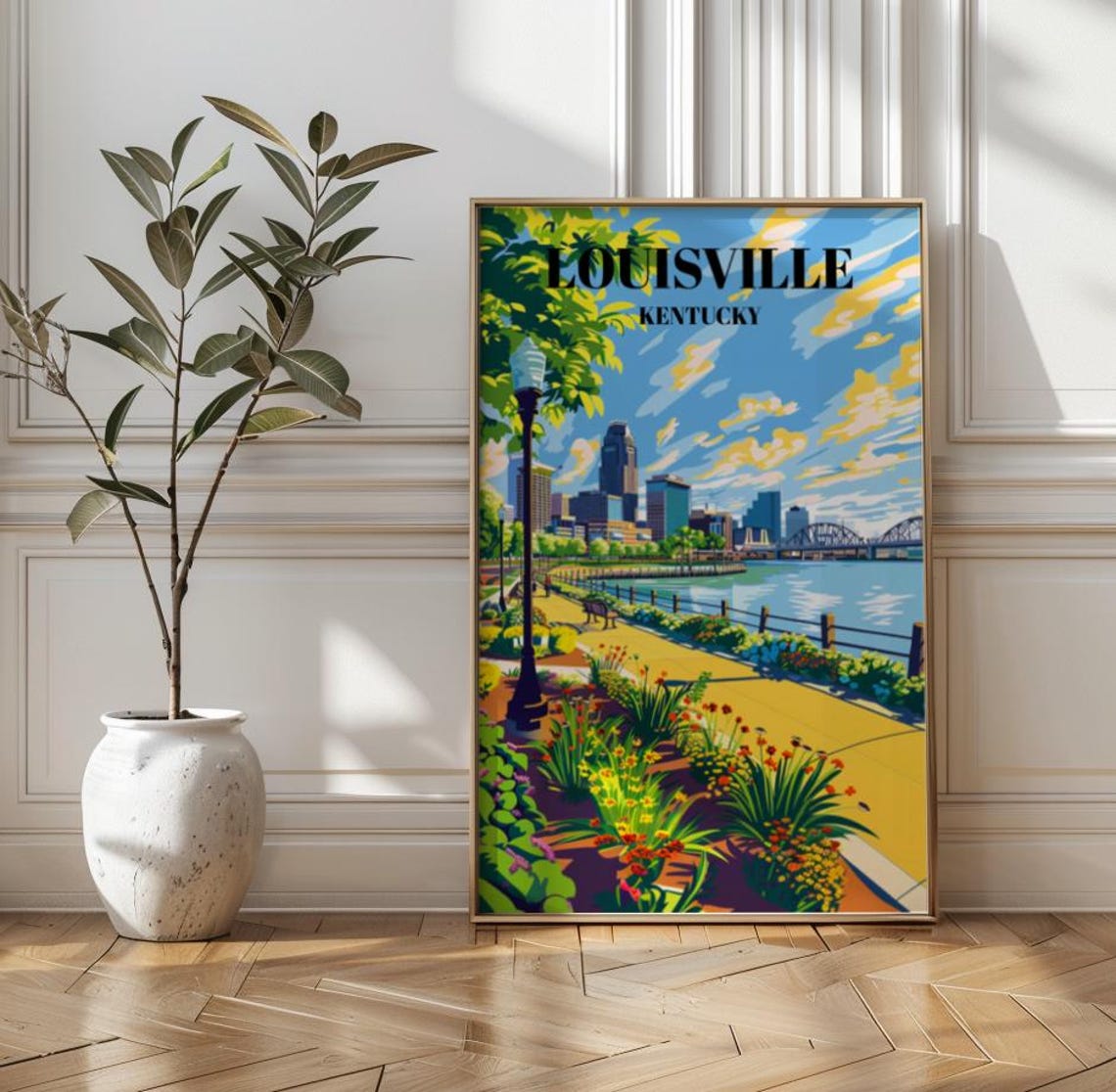 Louisville Kentucky Vintage Travel Poster Waterfront Park Skyline Bridge Art