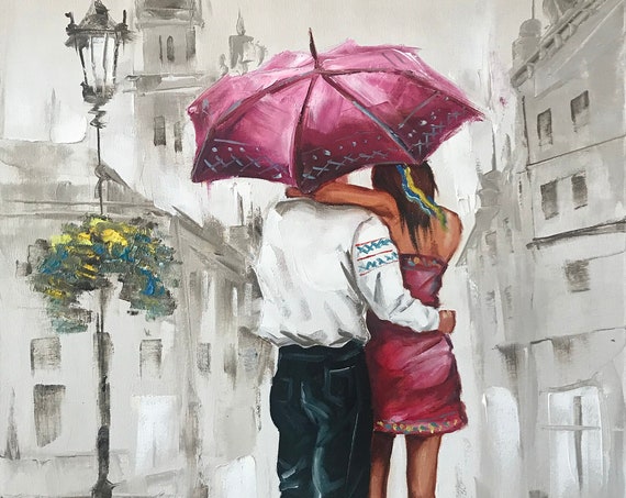 Romantic Painting On Personalized Couple Under Umbrella In Rain Oil Painting Original Romantic Bedroom Art Couple In Love Art Work