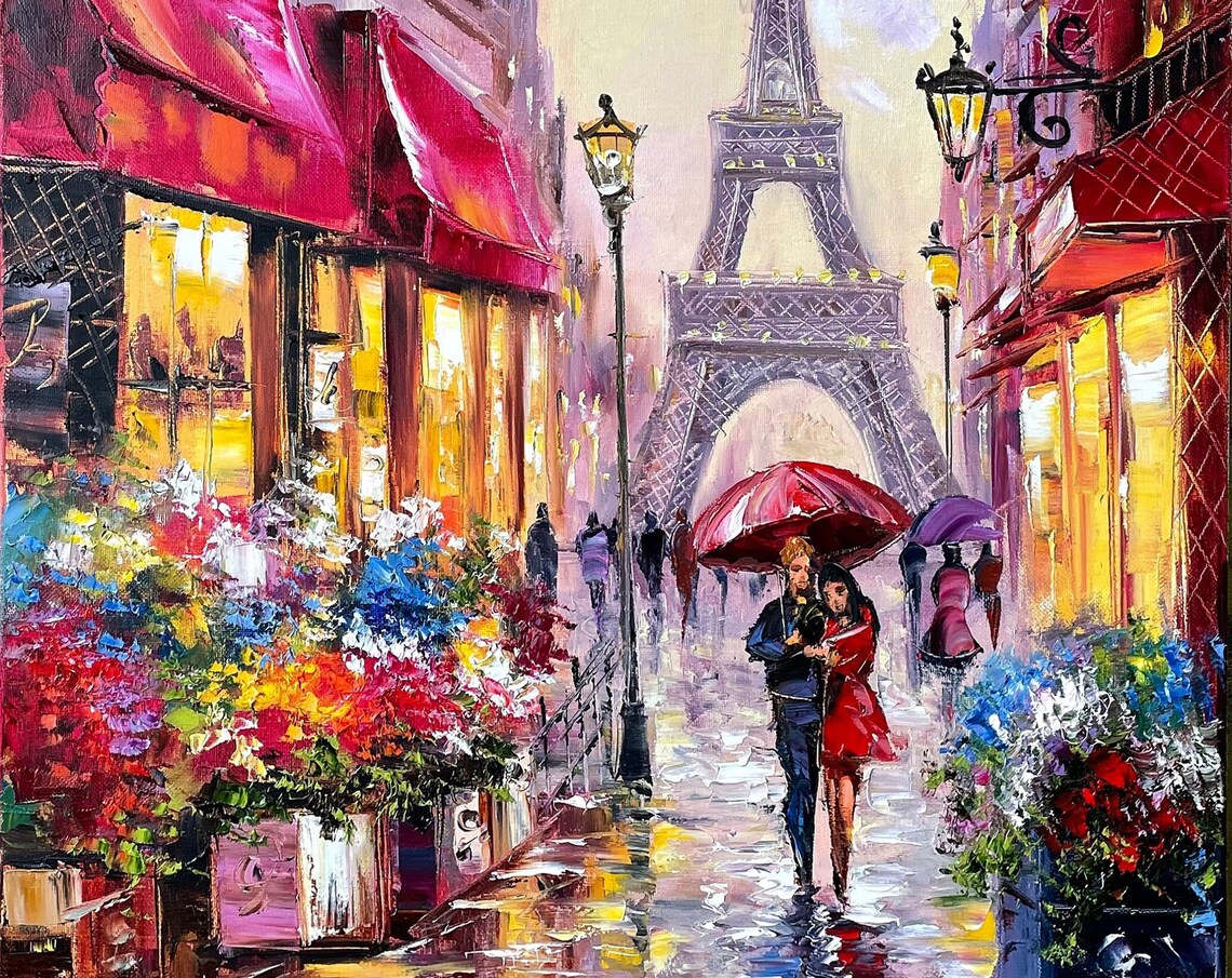 Couple in Paris, Eiffel Tower and Flower Market Art Print - Image 3