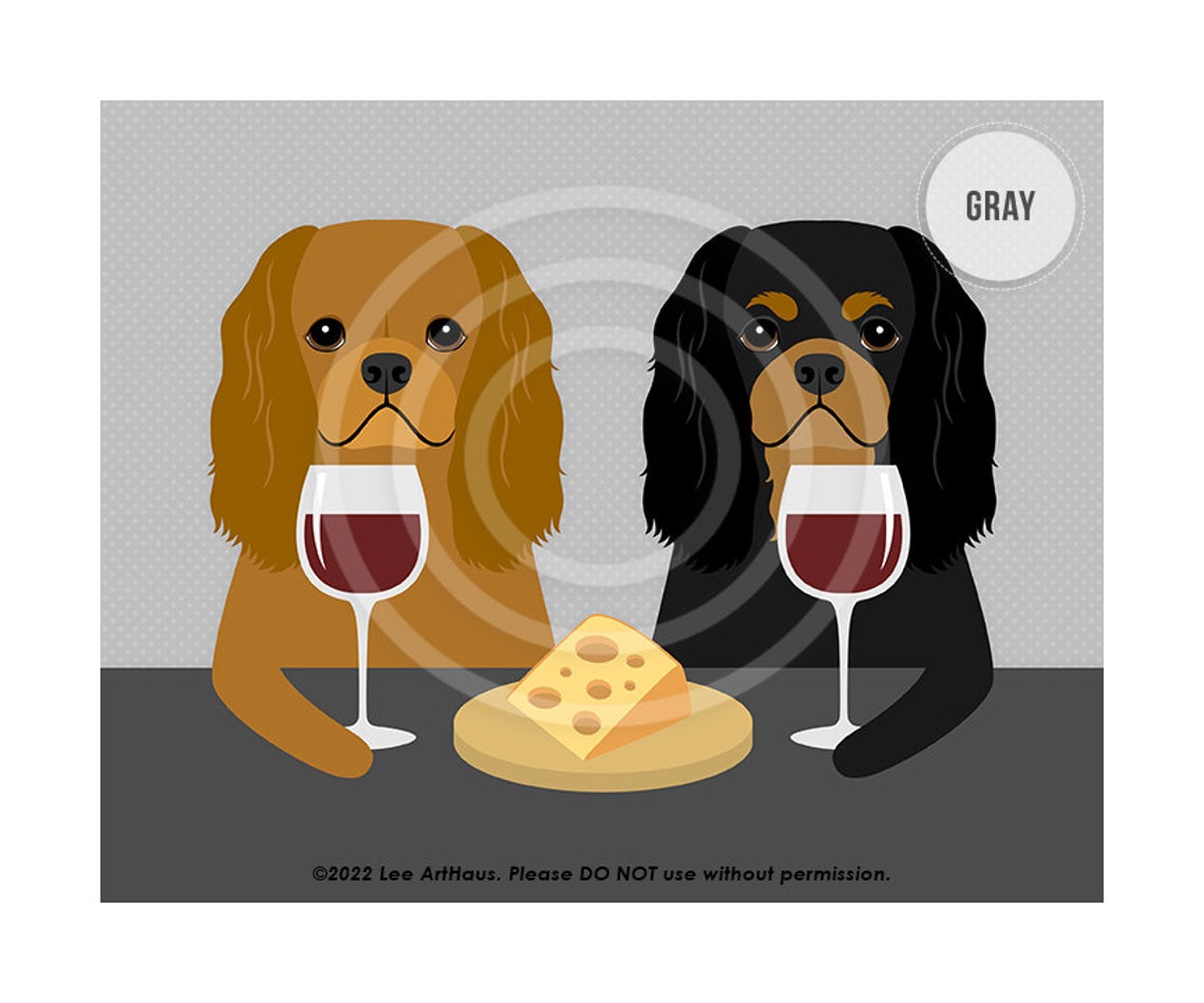 Two Cavalier King Charles Spaniels Drinking Wine Funny Dog Poster