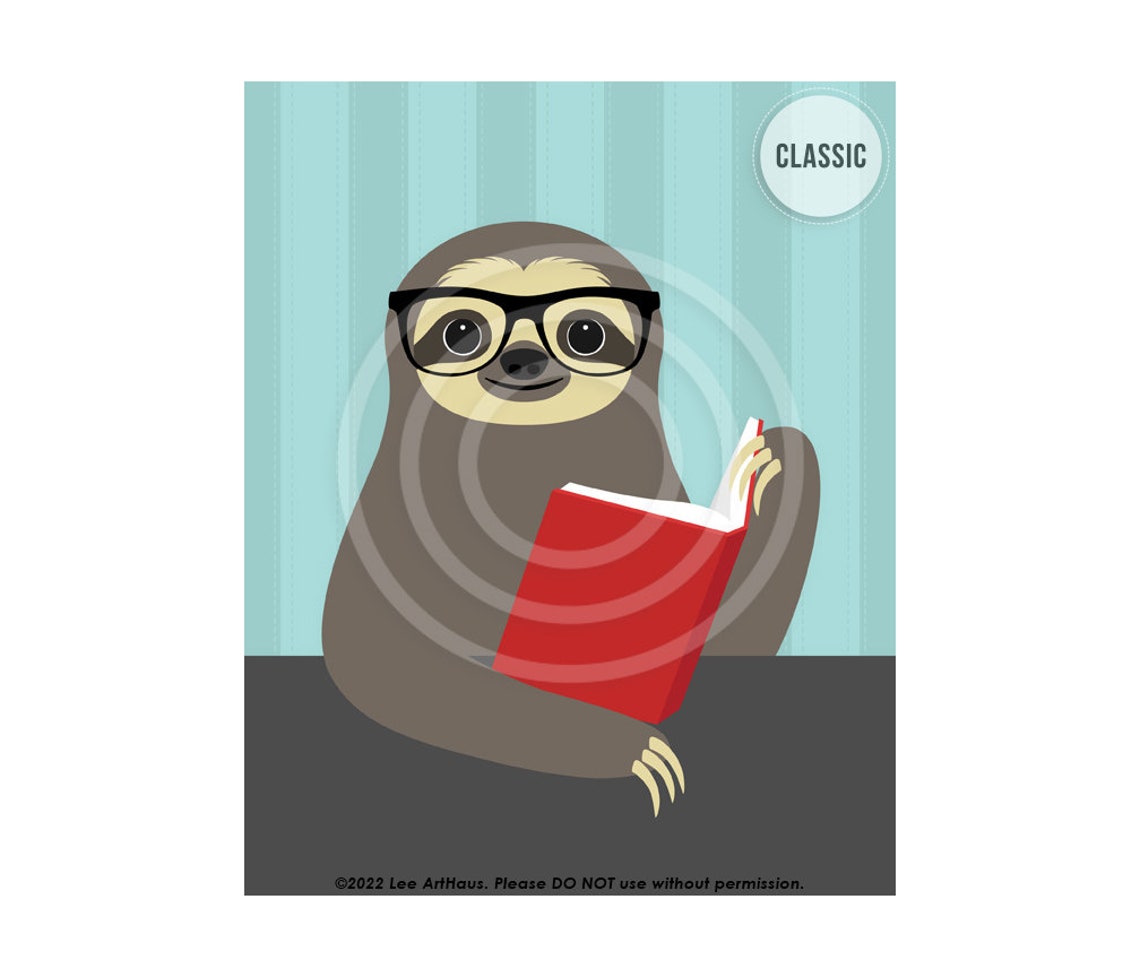 Sloth Wearing Glasses Reading Red Book Funny Animal Art Poster - Image 3