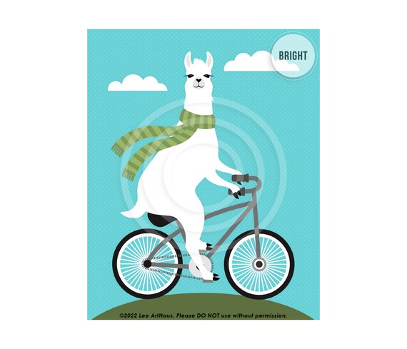 White Llama Riding Bicycle With Green Scarf Funny Animal Art Poster
