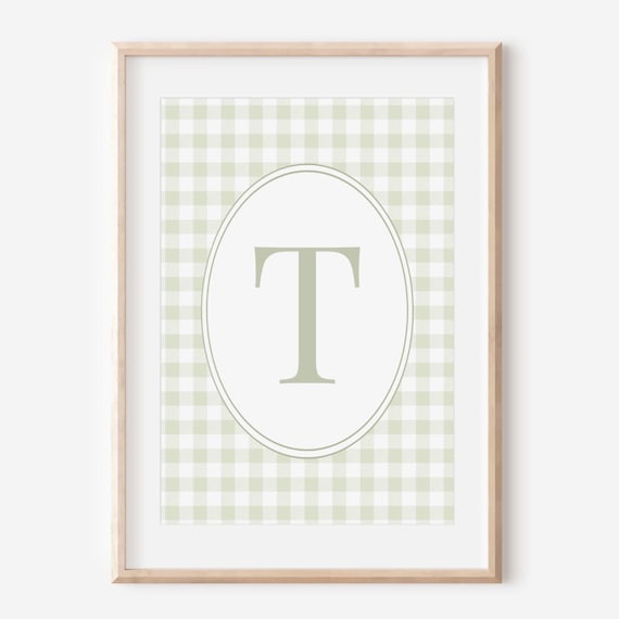 Sage Green Gingham Initial T Oval Baby Nursery Monogram Wall Art