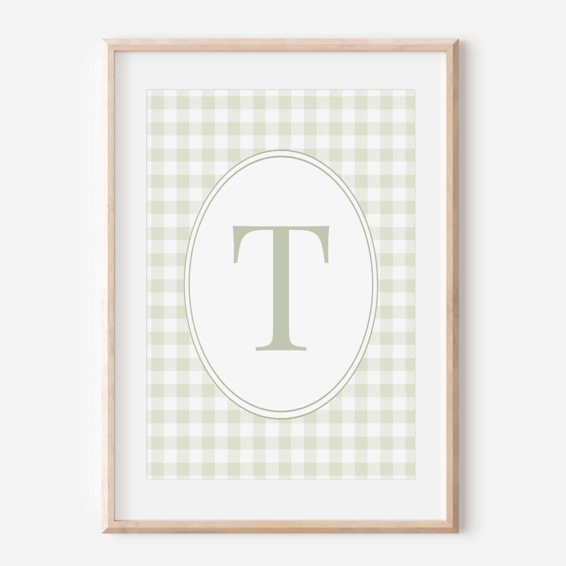 Sage Green Gingham Initial T Oval Baby Nursery Monogram Wall Art