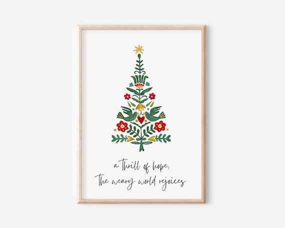 A Thrill Of Hope Christmas Lyric Poster Folk Art Tree Birds Flowers