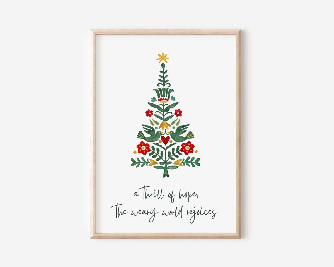 A Thrill Of Hope Christmas Lyric Poster Folk Art Tree Birds Flowers