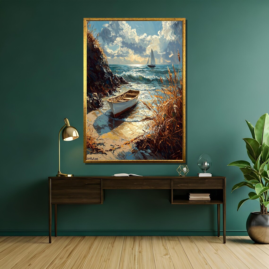 Rustic Rowboat by Ocean Shore, Nautical Wall Art Print - Image 5