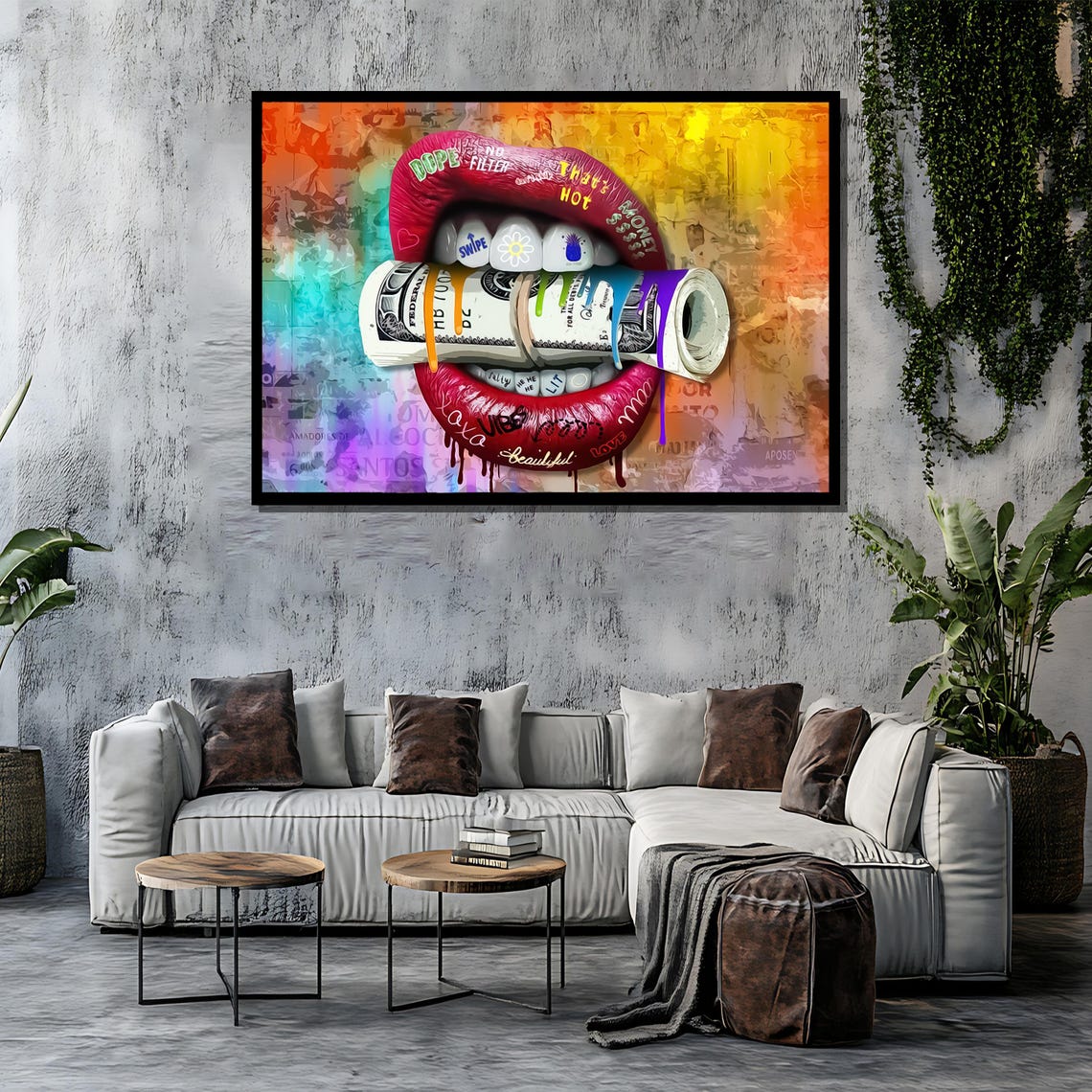 Red Lips Biting Money Roll Dope No Filter Pop Art Style Poster - Image 4