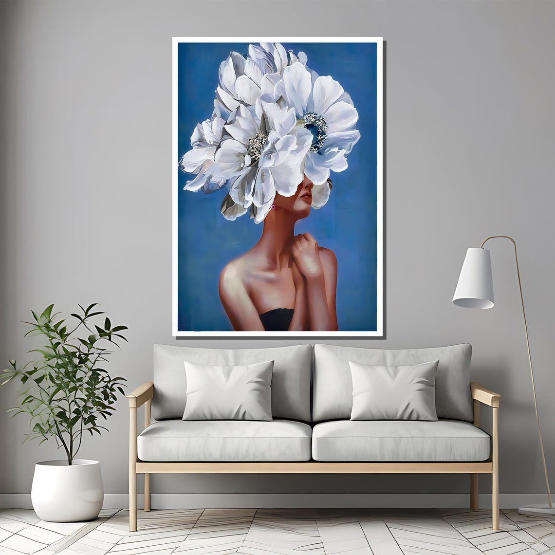 Woman With White Flower Headdress On Blue Modern Portrait Poster - Image 2