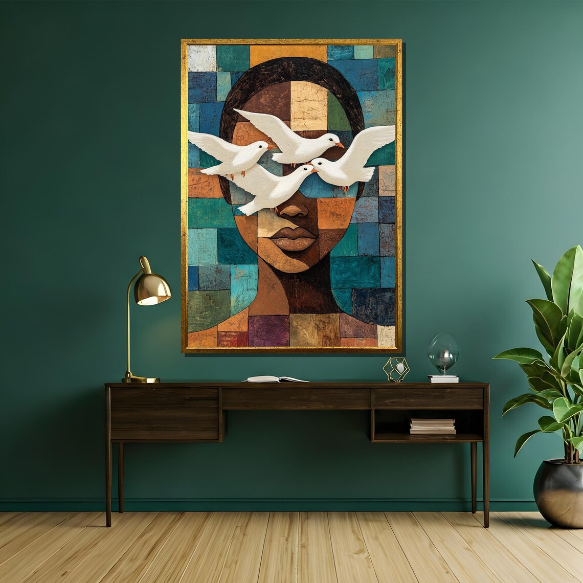 Mosaic Woman Portrait With Flying White Doves Surreal Art Poster - Image 5