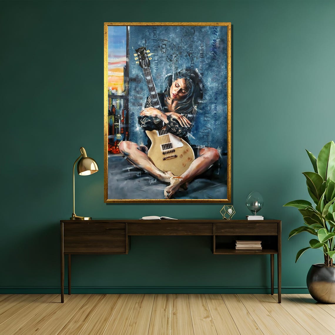 Melancholic Woman Embracing Electric Guitar Blue Painting Poster - Image 5