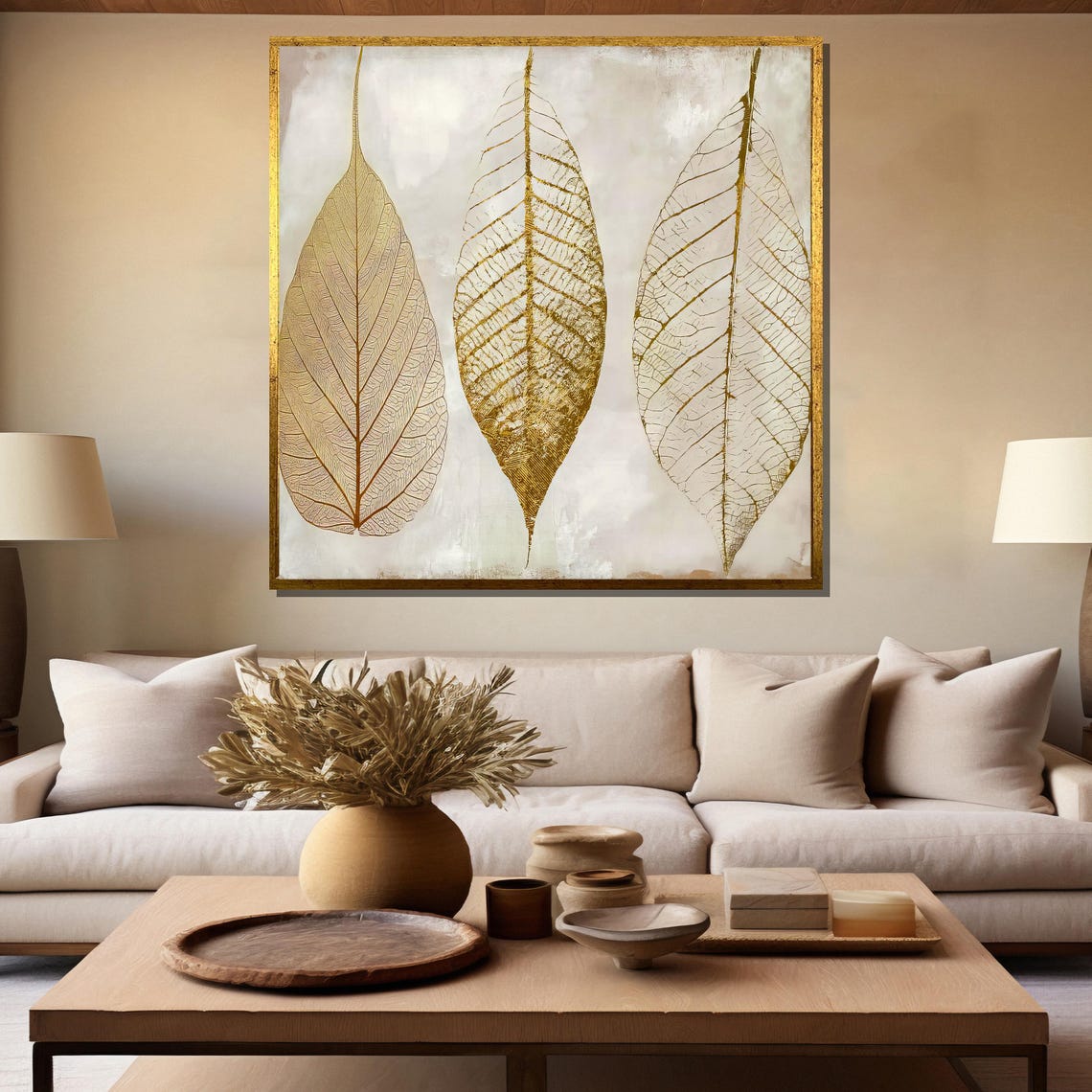 Three Golden Skeleton Leaves on a Cream Minimalist Art Poster - Image 5