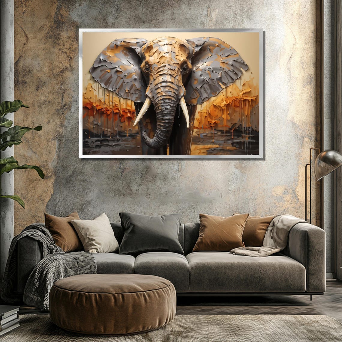Textured Golden Elephant Head Mosaic Style Safari Artwork Poster - Image 3