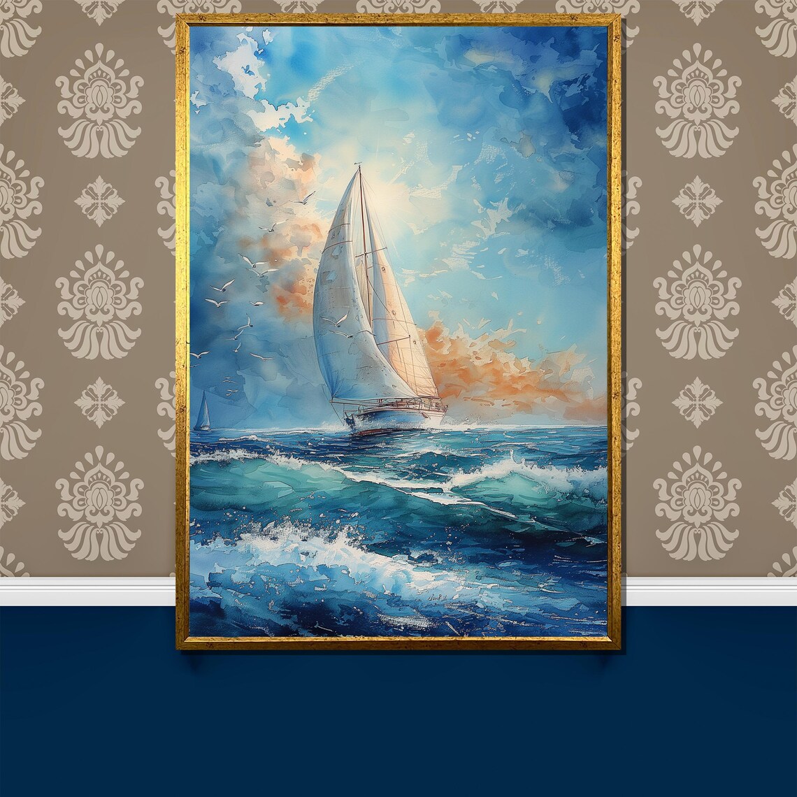 Sailboat Gliding Over Deep Blue Ocean Waves Watercolor Painting Poster