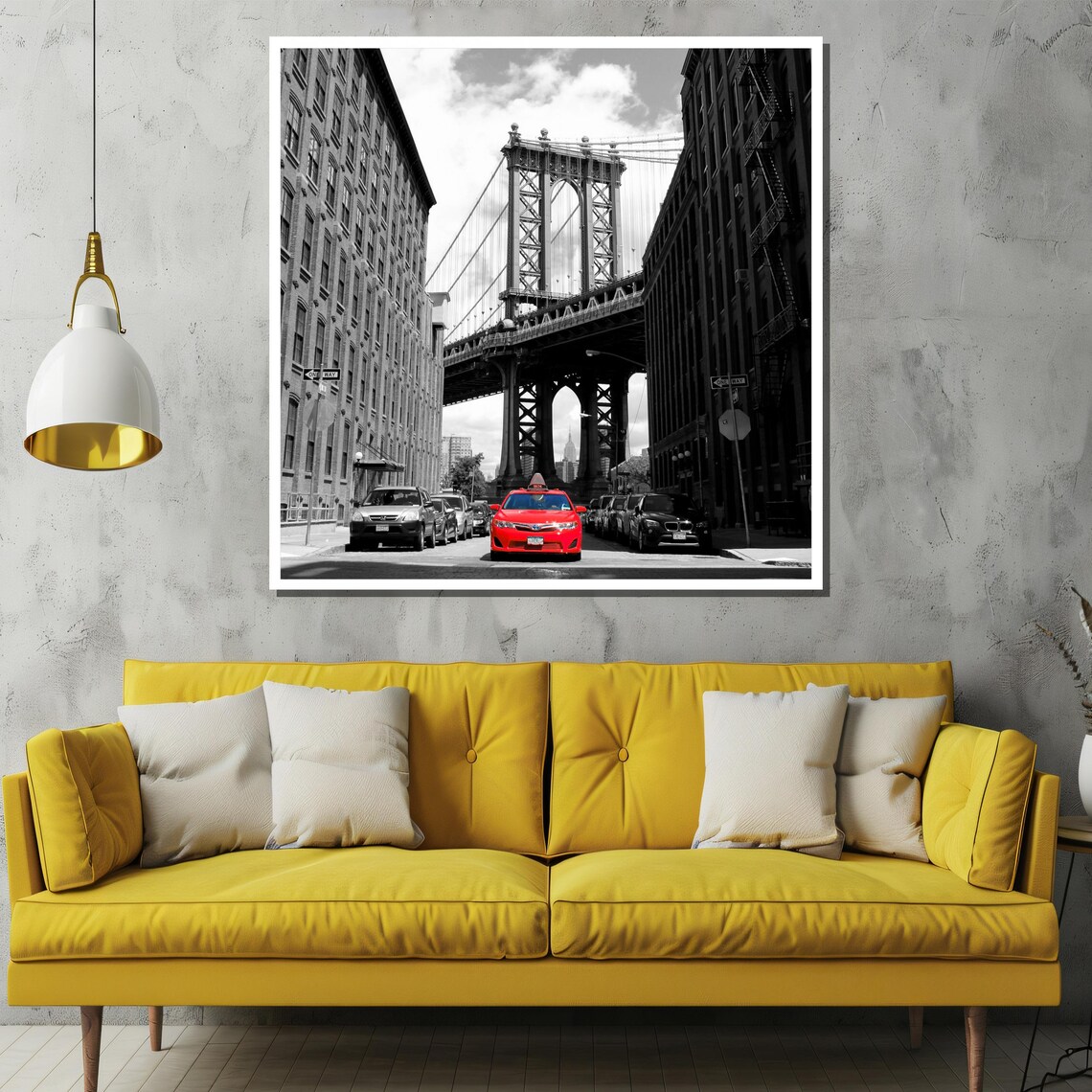New York Manhattan Bridge Red Car Black White Urban Street Poster - Image 2