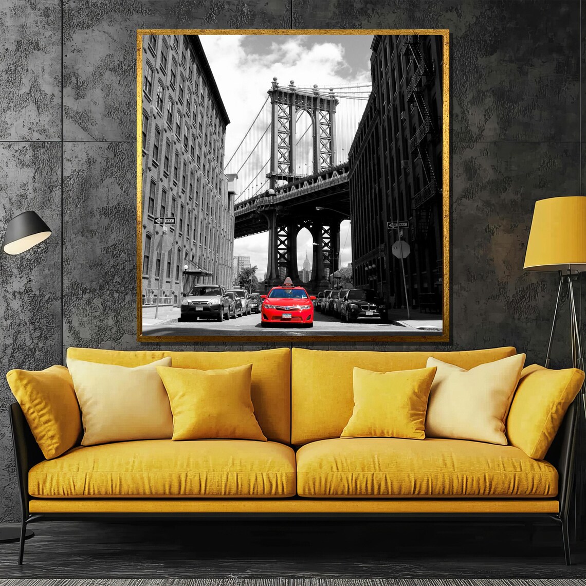 New York Manhattan Bridge Red Car Black White Urban Street Poster