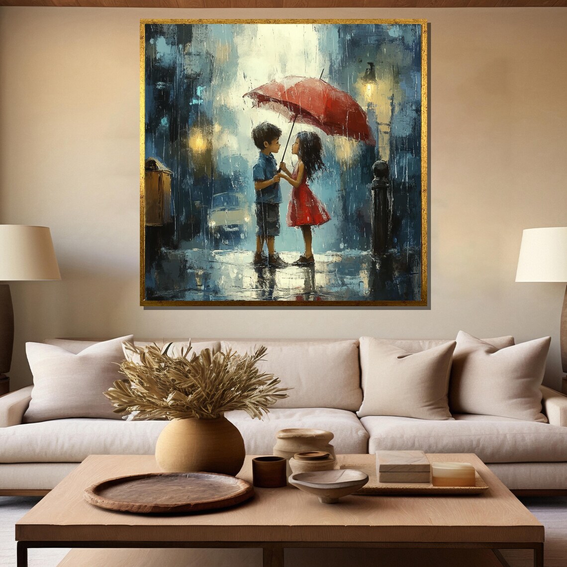 Children With Red Umbrella In Rain City Street Sweet Art Poster - Image 5