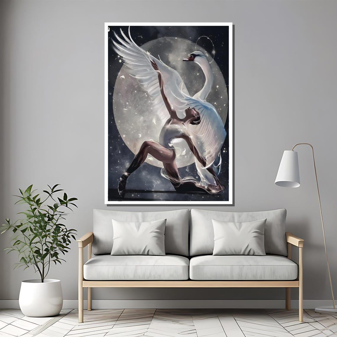 Dancer with Swan Wings Before Full Moon Magical Night Art Poster - Image 2