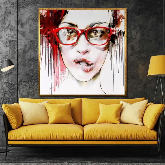 Bold Red Glasses Painting Modern Abstract Portrait Wall Decor Unique Artistic Gift For Contemporary Home Interiors