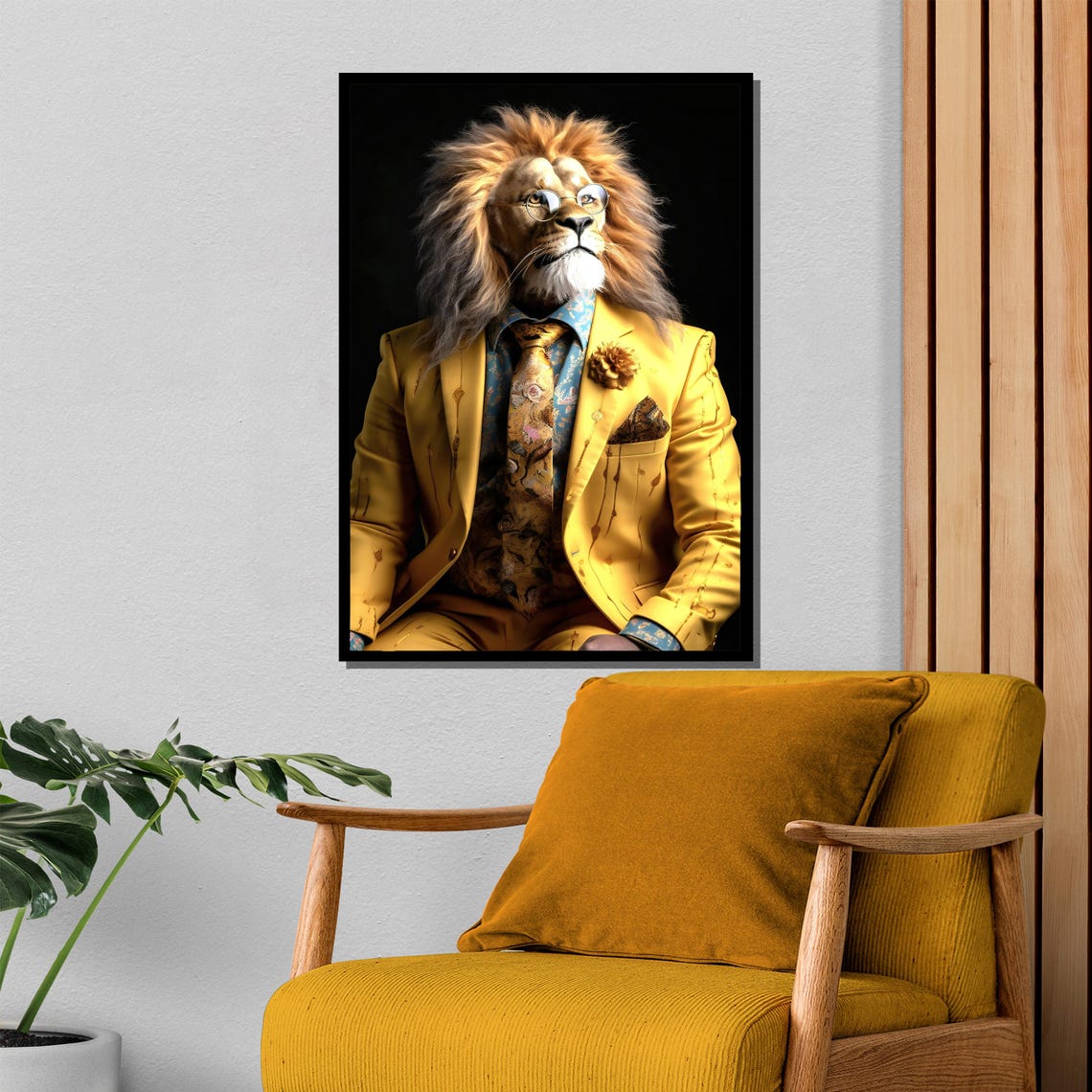 Dapper Lion in Yellow Suit Glasses Humorous Animal Art Poster - Image 4