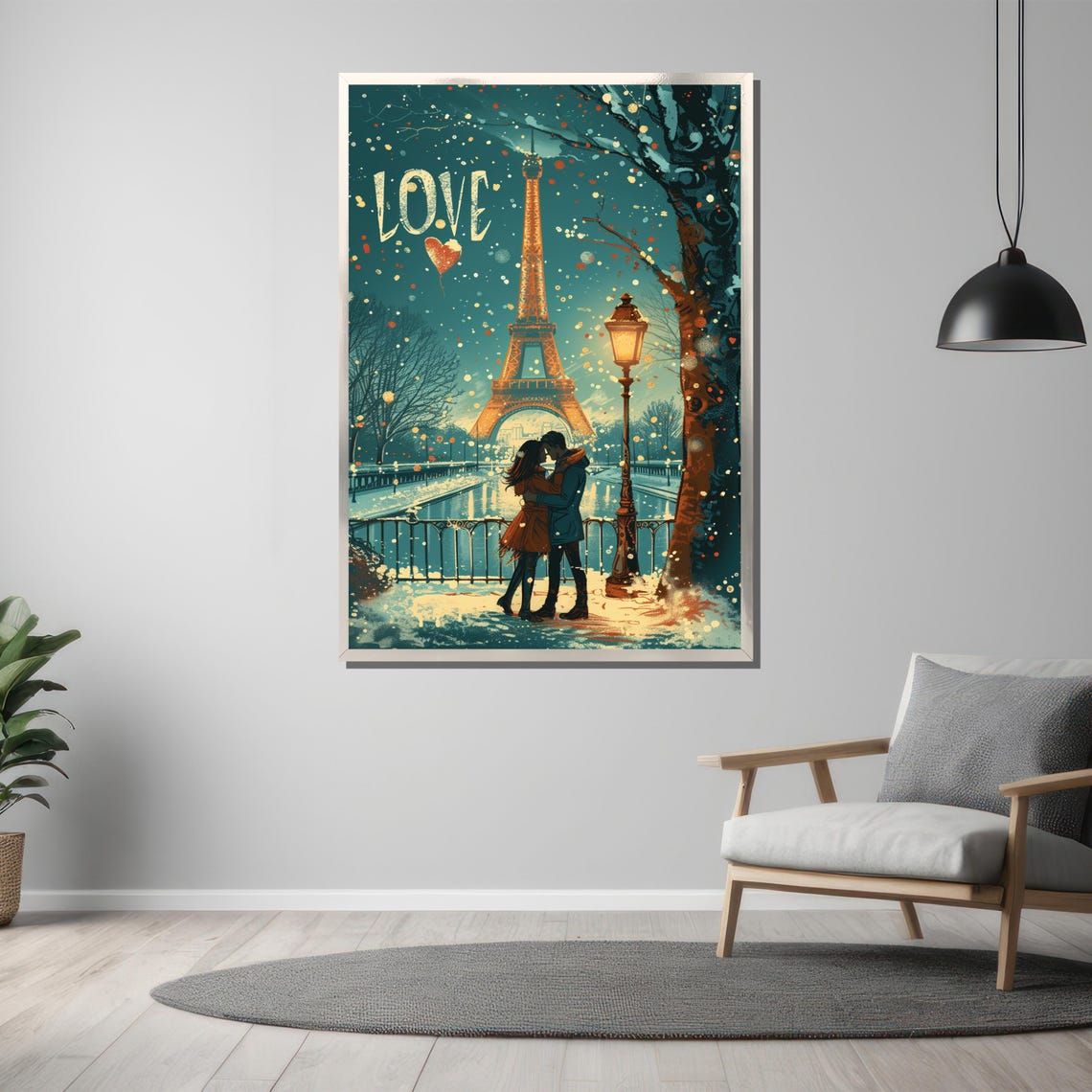 Winter Paris Eiffel Tower With Kissing Couple In Love Art Poster - Image 3