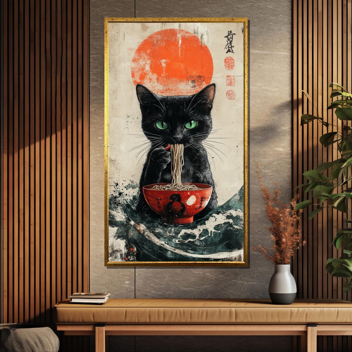 Japanese Black Cat Eating Ramen Red Sun Funny Playful Art Poster - Image 5