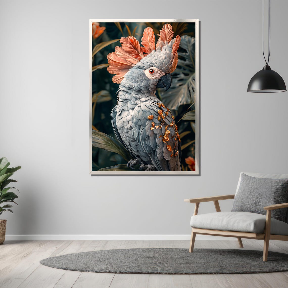 Elegant Cockatoo Parrot Pink Crest Gold Accents Bird Art Poster - Image 3