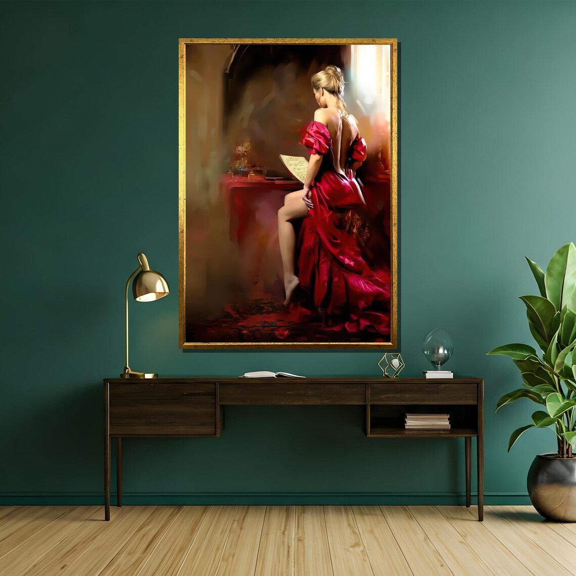 Elegant Lady In Red Gown Seated Romantic Oil Painting Poster - Image 5