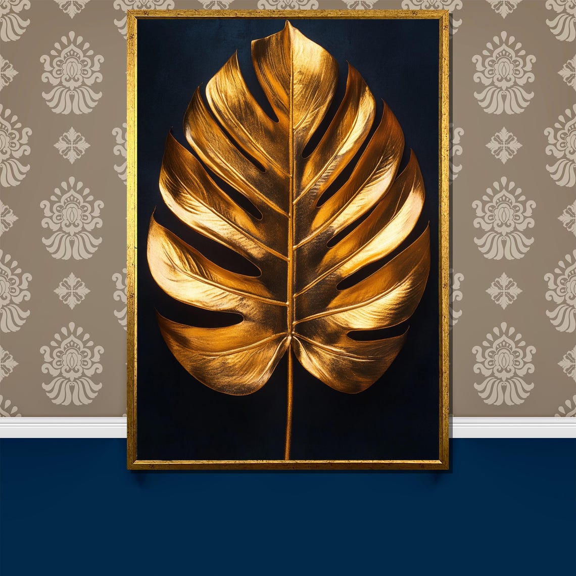 Golden Monstera Leaf on a Black Glamorous Botanical Art Poster