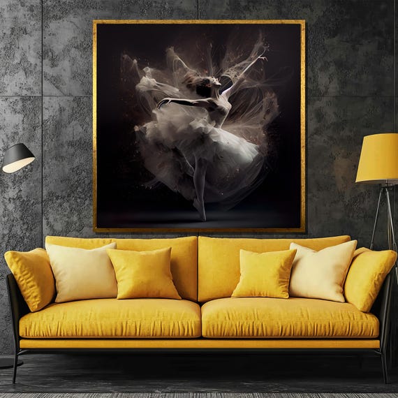 Graceful Ballerina Painting Ethereal Dance Wall Art In Dark Tones For Elegant Home Decor And Sophisticated Gift Ideas
