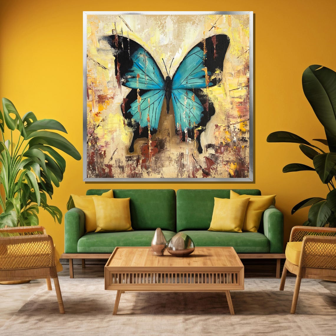 Vivid Blue Butterfly On Textured Golden Abstract Background Poster - Image 3
