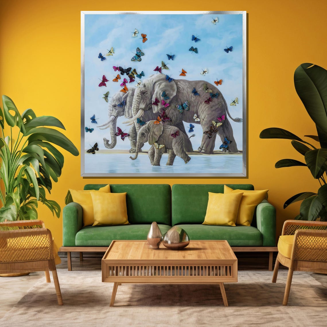 Elephant Family Walking Beneath A Sky Of Colorful Butterflies Poster - Image 3