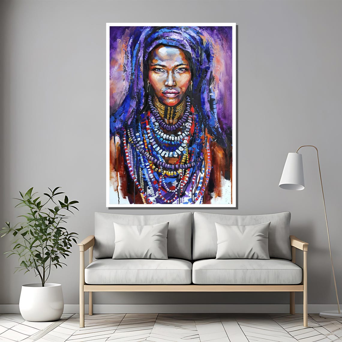 Tribal Woman With Beaded Necklaces Blue Veil Painterly Art Poster - Image 2