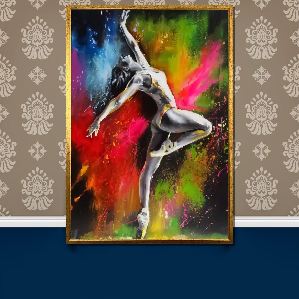 Leaping Dancer in Vivid Neon Color Splash Abstract Ballet Art Poster
