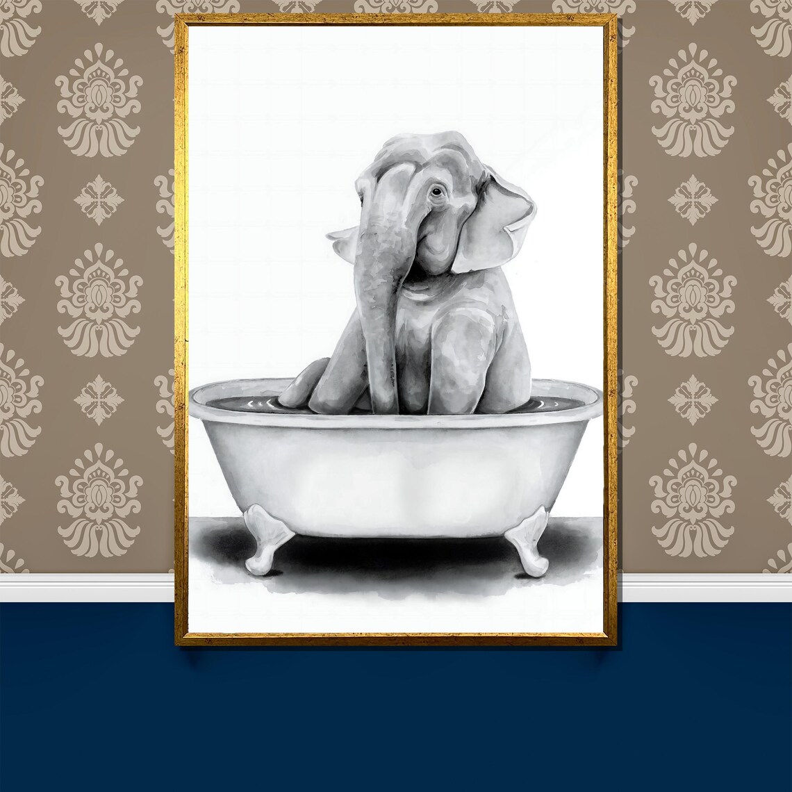 Adorable Baby Elephant Relaxing In A Vintage Clawfoot Tub Poster