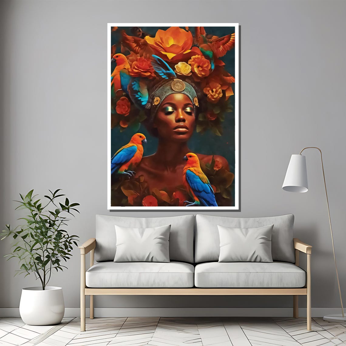 Regal Exotic Woman With Parrot Flower Crown Tropical Art Poster - Image 2