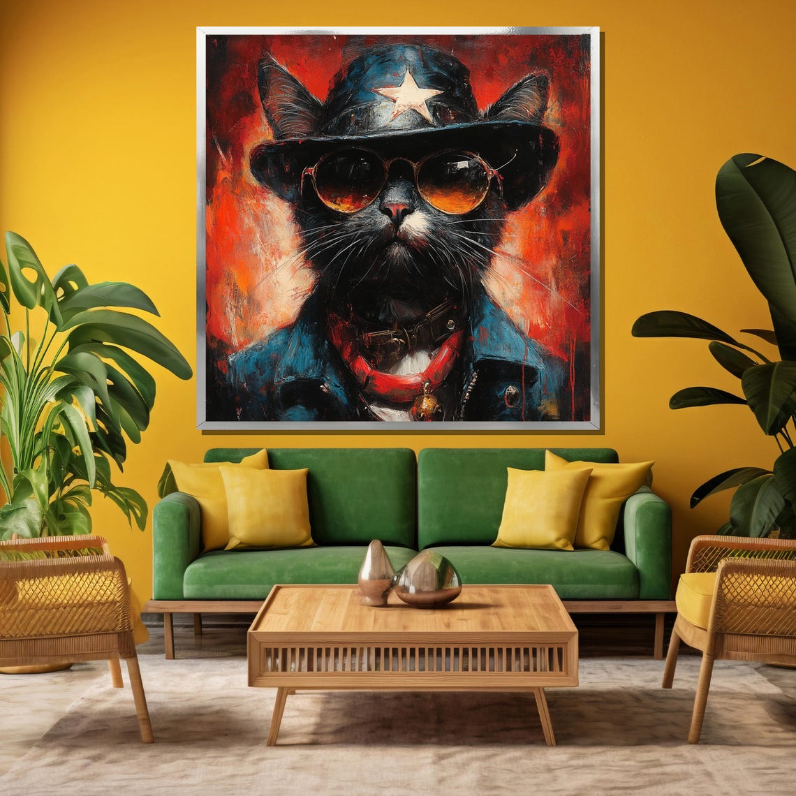 Rebel Black Cat in a Cowboy Hat and a Leather Jacket Portrait Poster - Image 3