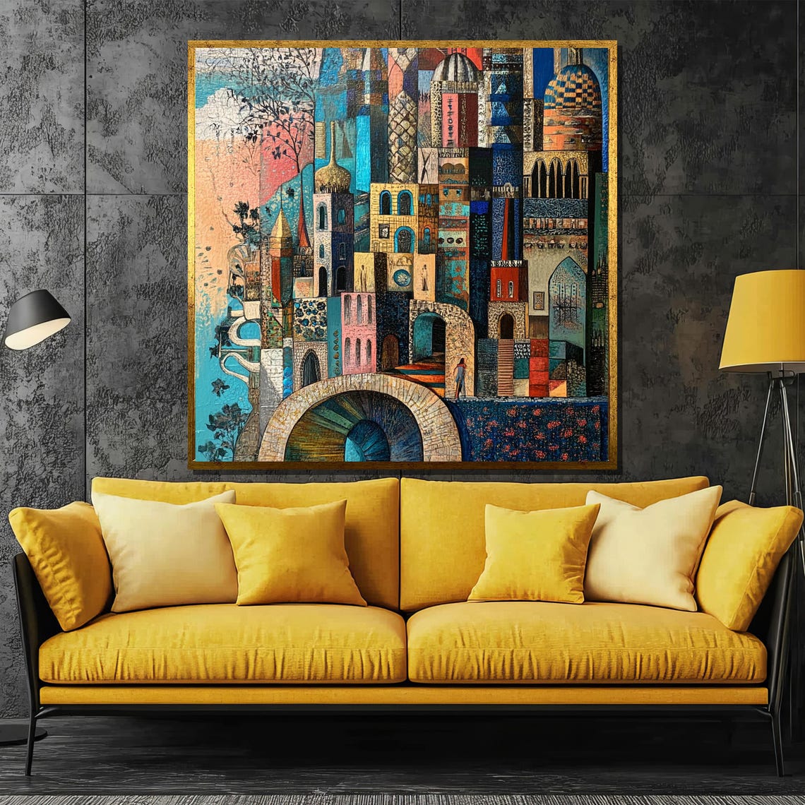 Vibrant Fantasy Cityscape Abstract Colorful Mosaic Town Poster