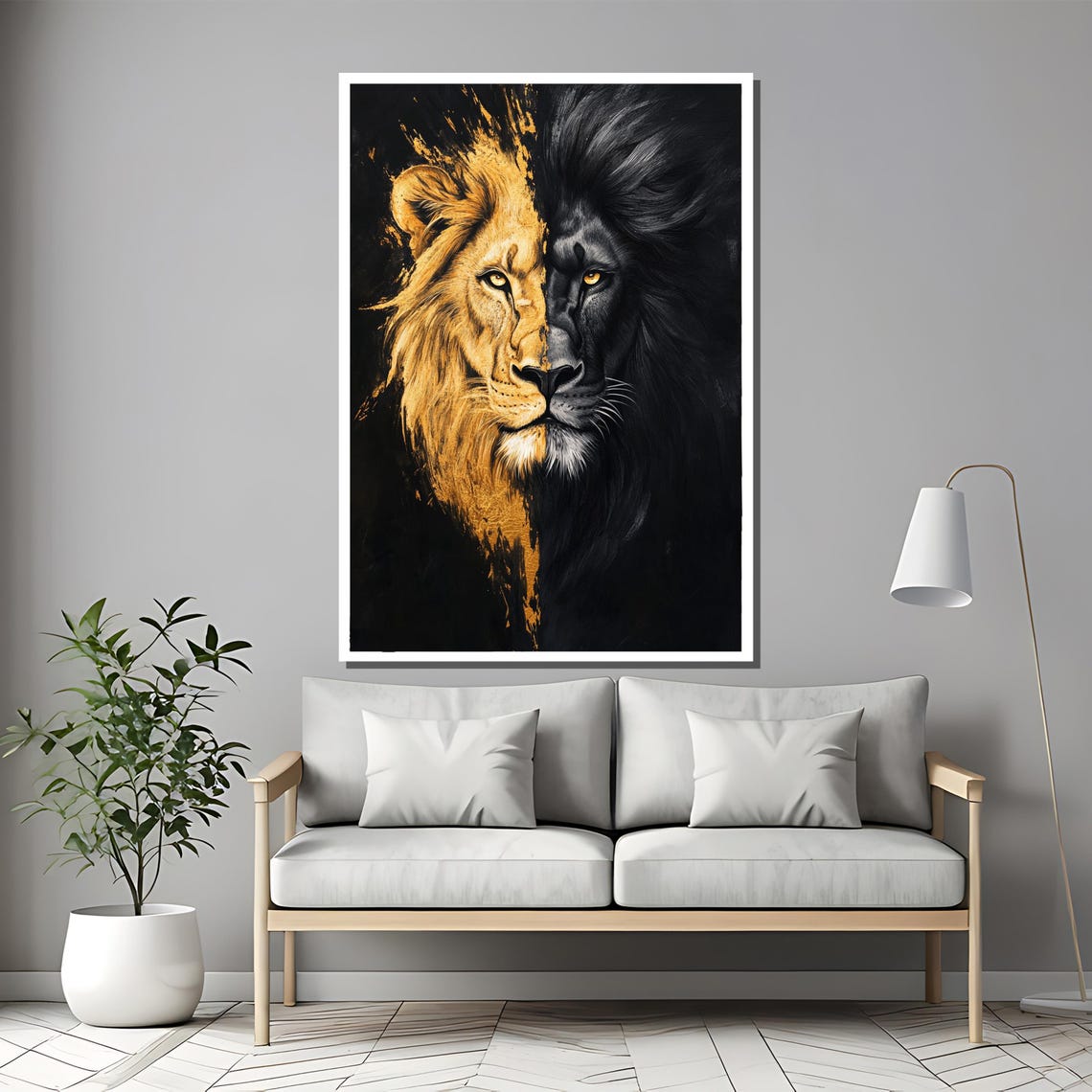 Lion Duality Gold and Black Split Face Dramatic Artwork Poster - Image 2