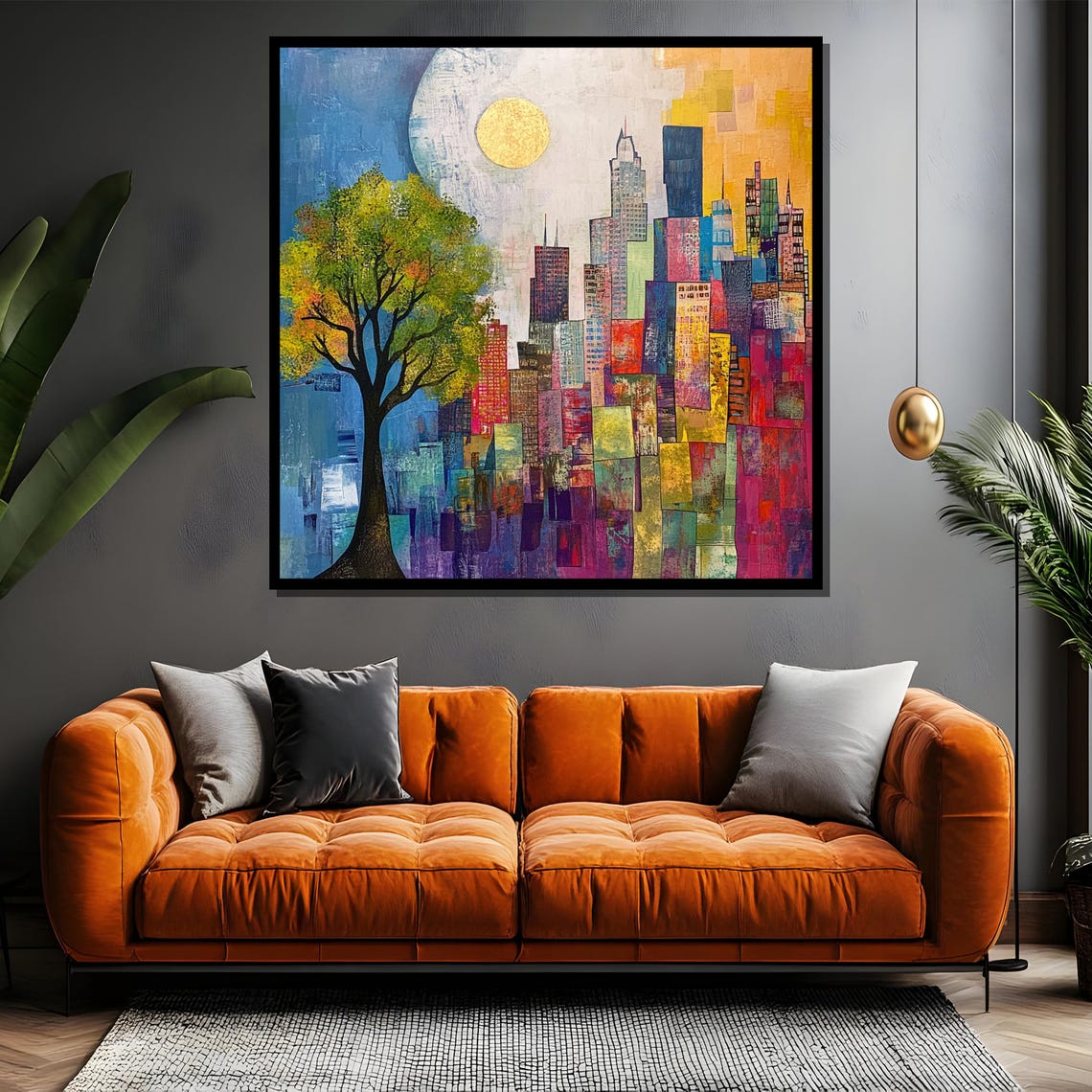 Colorful City Skyline With Tree and Golden Sun Mosaic Poster - Image 5