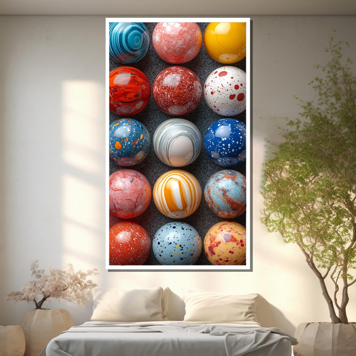 Fifteen Marbled Glass Spheres Arranged in a Grid Abstract Poster - Image 2